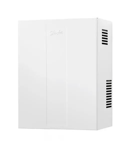 Weiß lackierte Abdeckhaube von Danfoss, rechteckige Form mit Belüftungsschlitzen an der Seite, montierbar an Wänden oder Geräten.
